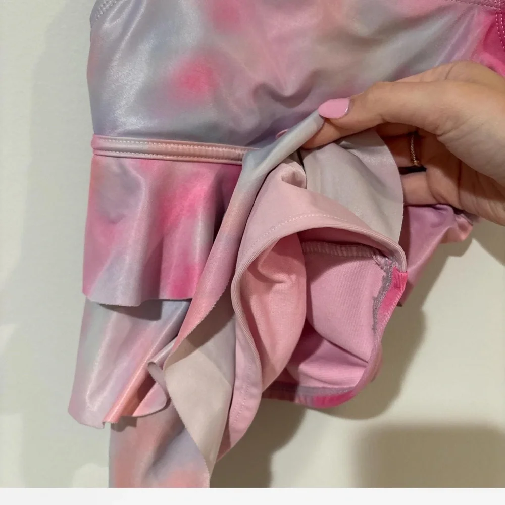 Justice Girls Ruffle Swimsuit Top Size 10 Pink Blue Tie Dye